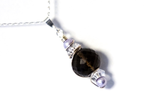 Smokey Quartz, Swarovski Crystal and Pearl Pendant 
